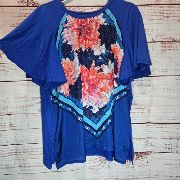 DQ2 Tops - DQ2 Women's XL NEW Royal Blue Floral Print Soft Tunic Flutter Sleeve Crew Neck